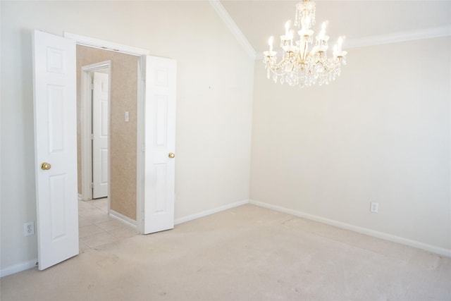 11714 Goldstream Ct, Tomball, TX 77377 - unfurnished room with light colored carpet, a chandelier, crown molding, and baseboards
