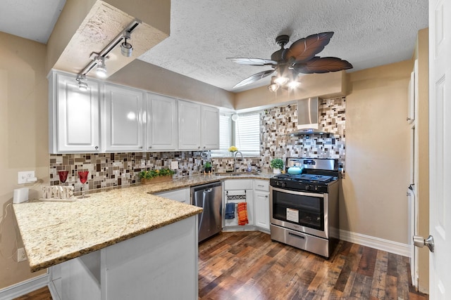 4302 Marchant Rd, Houston, TX 77047 - kitchen with appliances with stainless steel finishes, a peninsula, wall chimney exhaust hood, ceiling fan, and white cabinets