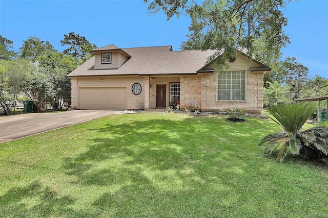 view of front of home with a garage, concrete driveway, a front yard, brick siding, and a shingled roof
