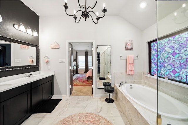 19266 Hazel Firs Ct, Magnolia, TX 77355 - ensuite bathroom featuring a bath, a chandelier, vaulted ceiling, double vanity, and baseboards