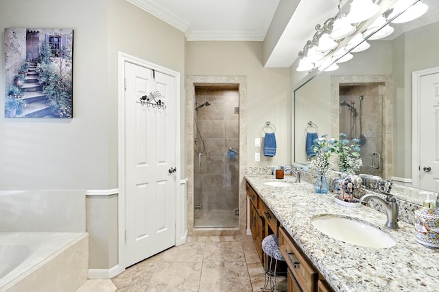17714 Treeloch Ln, Spring, TX 77379 - full bathroom with a stall shower, double vanity, a bath, and ornamental molding
