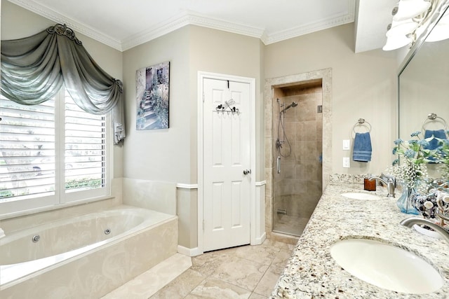 17714 Treeloch Ln, Spring, TX 77379 - bathroom with a whirlpool tub, a stall shower, double vanity, and ornamental molding