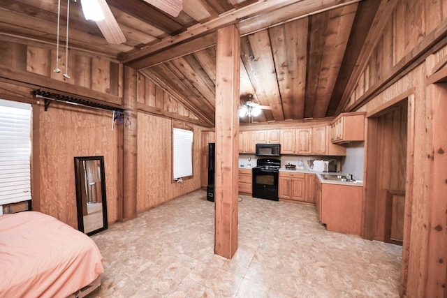 3428 S Main St, Anahuac, TX 77514 - kitchen featuring black appliances, a ceiling fan, light countertops, wood ceiling, and wood walls