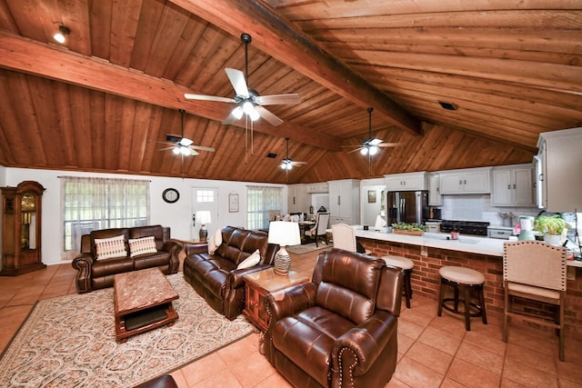 3428 S Main St, Anahuac, TX 77514 - living area featuring light tile patterned floors, wooden ceiling, and ceiling fan