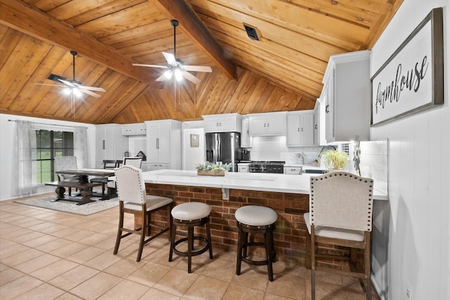 3428 S Main St, Anahuac, TX 77514 - kitchen featuring stainless steel fridge, wood ceiling, a ceiling fan, light countertops, and a peninsula