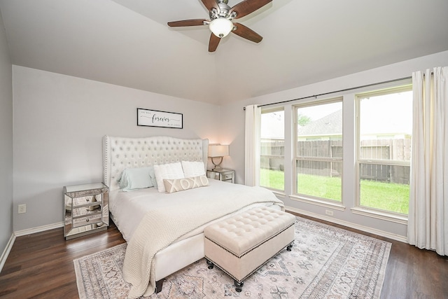 10911 Overland Trail Dr, Richmond, TX 77406 - bedroom featuring vaulted ceiling, wood finished floors, baseboards, and ceiling fan