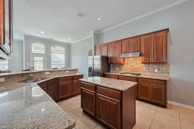 13903 Autumn Grove Ct, Rosharon, TX 77583 - kitchen with stainless steel appliances, a sink, under cabinet range hood, plenty of natural light, and crown molding