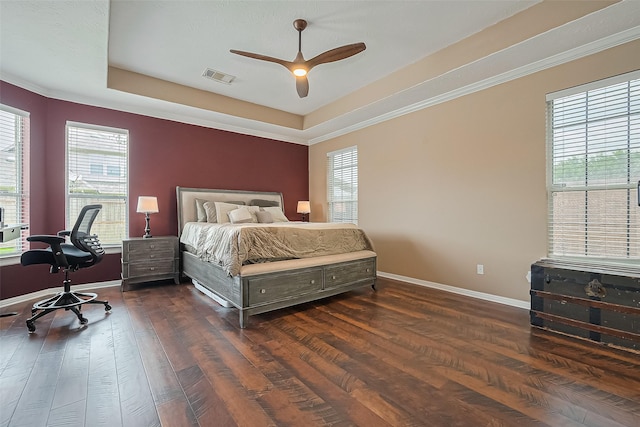 13903 Autumn Grove Ct, Rosharon, TX 77583 - bedroom featuring a tray ceiling, multiple windows, dark wood-type flooring, and ornamental molding