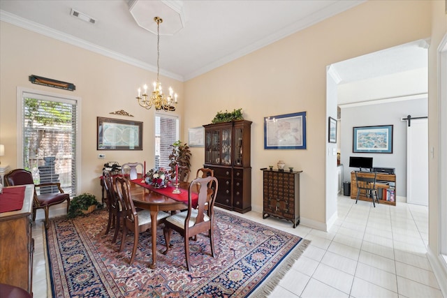 311 Pineview Cir, El Lago, TX 77586 - dining space with light tile patterned floors, crown molding, a chandelier, and baseboards