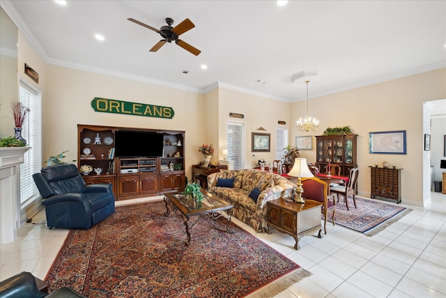 311 Pineview Cir, El Lago, TX 77586 - tiled living area featuring recessed lighting, a chandelier, ceiling fan, ornamental molding, and a fireplace