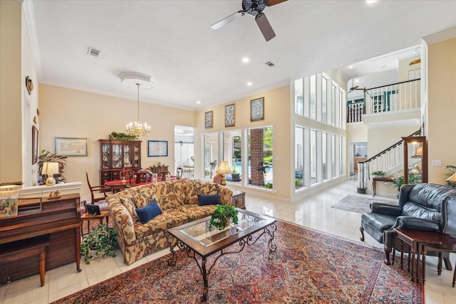 311 Pineview Cir, El Lago, TX 77586 - tiled living area with ceiling fan, ornamental molding, stairs, a chandelier, and recessed lighting