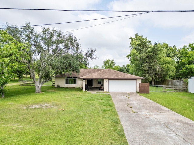 ranch-style house featuring an attached garage, concrete driveway, and stucco siding