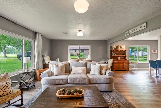 living area with wood finished floors, healthy amount of natural light, and a textured ceiling