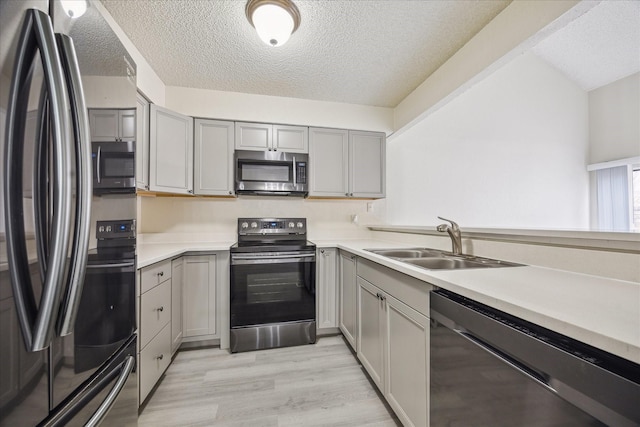 3148 Windchase Blvd Unit 442, Houston, TX 77082 - kitchen featuring stainless steel appliances, a sink, gray cabinets, a textured ceiling, and light wood-style flooring
