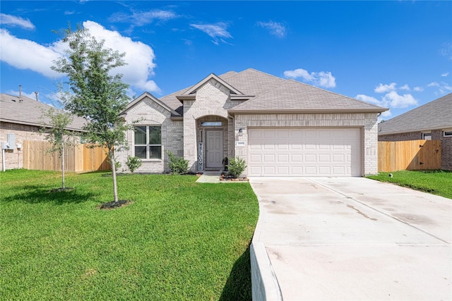 26019 Babe Ruth Dr, Splendora, TX 77372 - french country style house with brick siding, a garage, concrete driveway, and roof with shingles