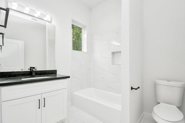 3309 Shelby Cir, Houston, TX 77051 - bathroom featuring marble look tiles, toilet, vanity, baseboards, and tub / shower combination