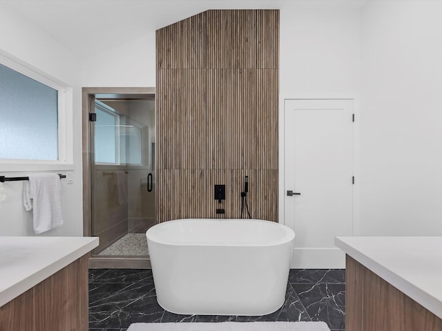 1208 Curtin St, Houston, TX 77018 - bathroom with marble finish flooring, a shower stall, a freestanding tub, and vanity
