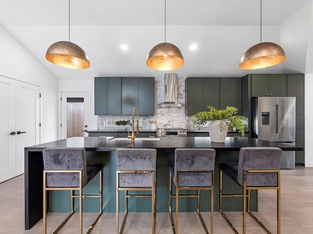 1208 Curtin St, Houston, TX 77018 - kitchen with wall chimney range hood, stainless steel appliances, dark countertops, a sink, and backsplash