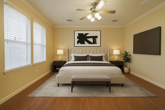 7902 Crystal Moon Dr, Houston, TX 77040 - bedroom with ornamental molding, baseboards, wood finished floors, and ceiling fan