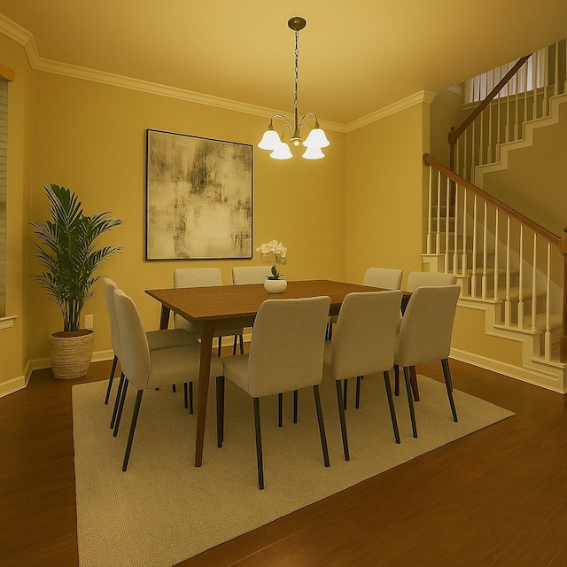 7902 Crystal Moon Dr, Houston, TX 77040 - dining space with a chandelier, stairway, dark wood-style flooring, crown molding, and baseboards