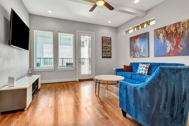 4504 Mount Vernon St Unit A, Houston, TX 77006 - living area featuring a ceiling fan, light wood finished floors, baseboards, recessed lighting, and beam ceiling