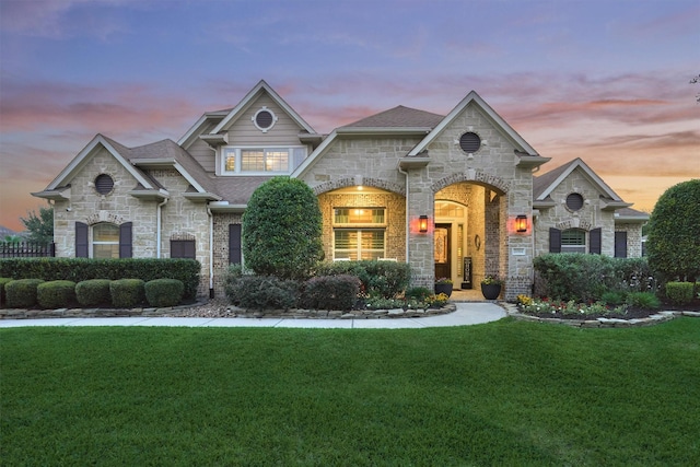 21514 Fairhaven Creek Dr, Cypress, TX 77433 - french country home featuring a lawn, stone siding, and a shingled roof
