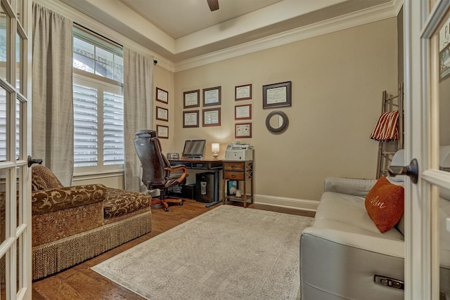 21514 Fairhaven Creek Dr, Cypress, TX 77433 - home office with wood finished floors, ornamental molding, a ceiling fan, baseboards, and a tray ceiling