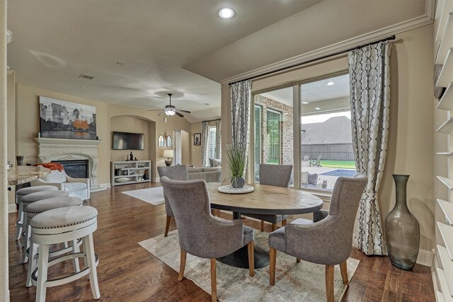 21514 Fairhaven Creek Dr, Cypress, TX 77433 - dining room with a glass covered fireplace, plenty of natural light, ceiling fan, dark wood-style flooring, and recessed lighting