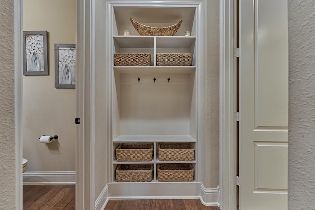 21514 Fairhaven Creek Dr, Cypress, TX 77433 - mudroom with wood finished floors, baseboards, and a textured wall