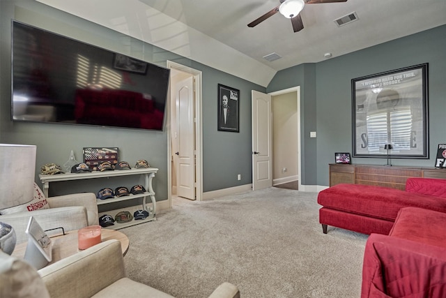 21514 Fairhaven Creek Dr, Cypress, TX 77433 - living area featuring carpet, ceiling fan, lofted ceiling, and baseboards