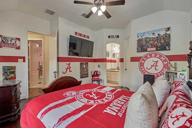 21514 Fairhaven Creek Dr, Cypress, TX 77433 - bedroom with wood finished floors, lofted ceiling, connected bathroom, arched walkways, and a ceiling fan