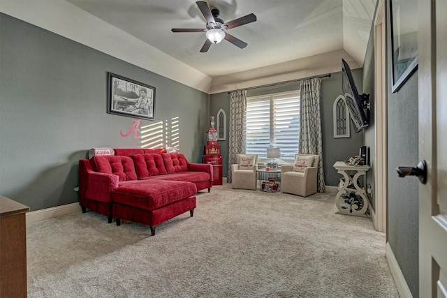 21514 Fairhaven Creek Dr, Cypress, TX 77433 - living room featuring carpet, ceiling fan, vaulted ceiling, and baseboards