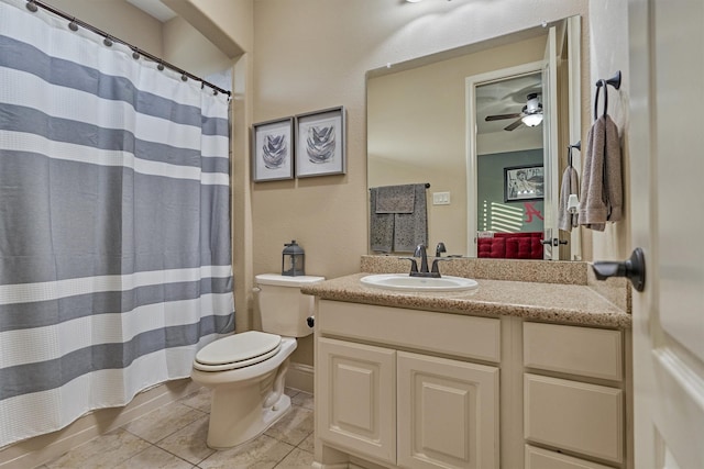 21514 Fairhaven Creek Dr, Cypress, TX 77433 - bathroom featuring toilet, vanity, tile patterned floors, a shower with curtain, and ceiling fan