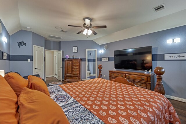 21514 Fairhaven Creek Dr, Cypress, TX 77433 - bedroom featuring lofted ceiling, dark wood-style flooring, baseboards, and ceiling fan