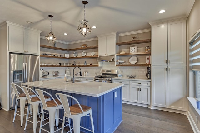 21514 Fairhaven Creek Dr, Cypress, TX 77433 - kitchen featuring open shelves, stainless steel appliances, under cabinet range hood, a sink, and recessed lighting