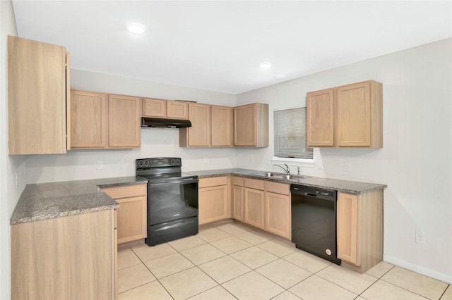 4079 Frontier Rd, Willis, TX 77378 - kitchen with black appliances, a sink, light brown cabinets, under cabinet range hood, and light tile patterned floors