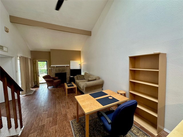 2611 Grants Lake Blvd Unit 237, Sugar Land, TX 77479 - office space with beamed ceiling, dark wood-type flooring, high vaulted ceiling, and a fireplace