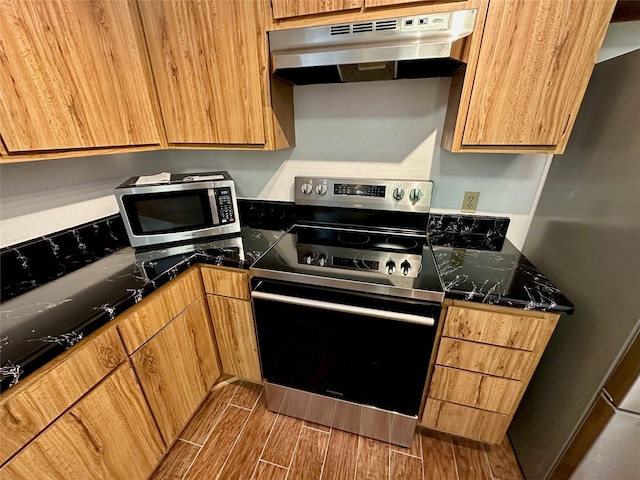 2611 Grants Lake Blvd Unit 237, Sugar Land, TX 77479 - kitchen with appliances with stainless steel finishes, under cabinet range hood, dark countertops, and wood finished floors