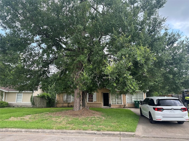 7722 Claiborne St, Houston, TX 77016 - view of property hidden behind natural elements featuring a front yard, brick siding, and concrete driveway