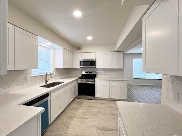 kitchen with stainless steel appliances, a sink, healthy amount of natural light, light countertops, and recessed lighting