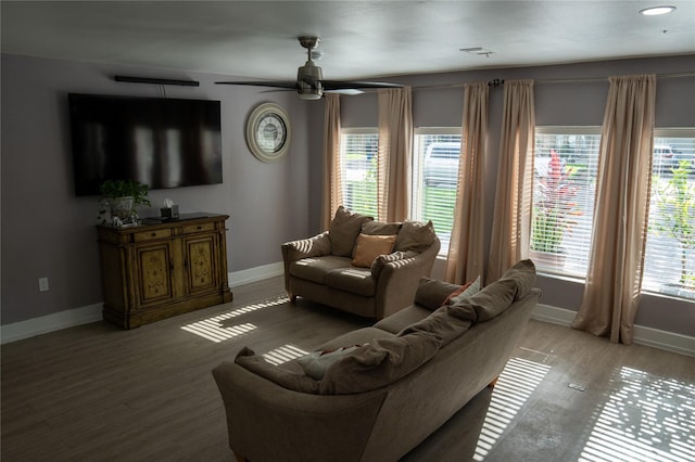 6238 Westwick Dr, Houston, TX 77072 - living room with baseboards, wood finished floors, and a ceiling fan