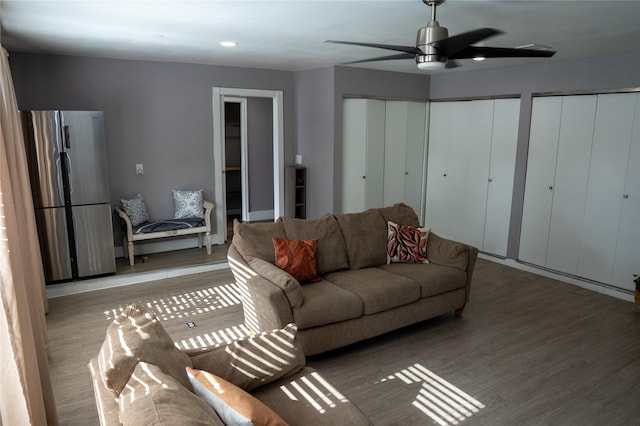 6238 Westwick Dr, Houston, TX 77072 - living area with wood finished floors, ceiling fan, and recessed lighting