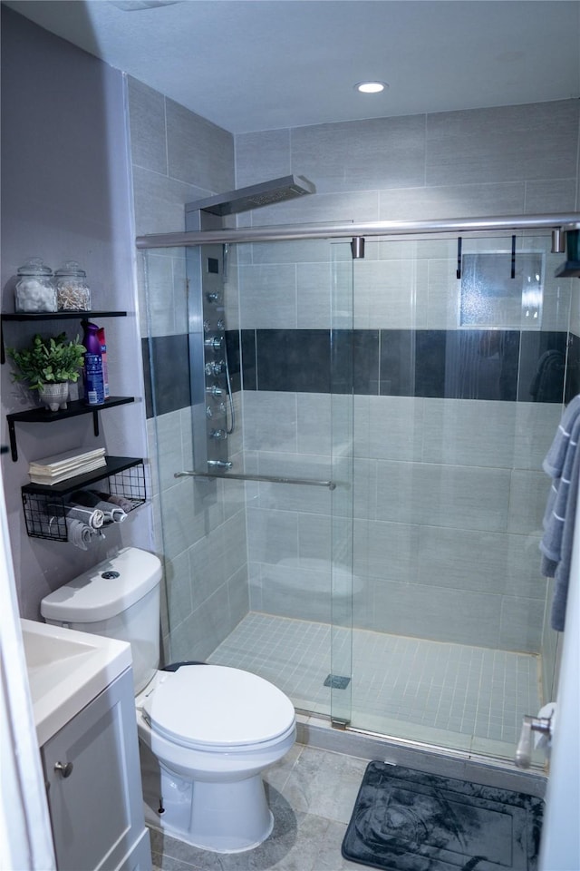 6238 Westwick Dr, Houston, TX 77072 - full bath with a shower stall, toilet, vanity, and recessed lighting