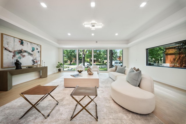 2135 Quenby St, Houston, TX 77005 - living room with a raised ceiling, recessed lighting, and light wood-style flooring