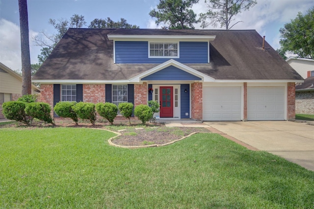 6019 Lawn Ln, Houston, TX 77088 - view of front facade featuring brick siding, a garage, driveway, a front yard, and roof with shingles