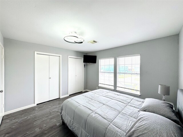 610 Seashell Dr, Freeport, TX 77541 - bedroom with multiple closets, baseboards, and dark wood-style flooring