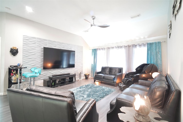 5515 E Terrace Gable Cir, Katy, TX 77494 - living room with a ceiling fan, wood finished floors, lofted ceiling, and baseboards