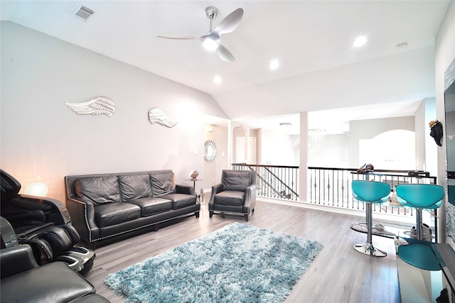 5515 E Terrace Gable Cir, Katy, TX 77494 - living room with a ceiling fan, wood finished floors, vaulted ceiling, and recessed lighting