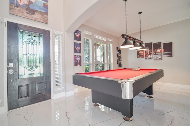 5515 E Terrace Gable Cir, Katy, TX 77494 - game room featuring light marble finish floors, baseboards, arched walkways, billiards table, and ornamental molding
