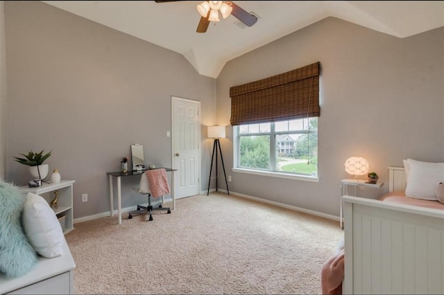 5515 E Terrace Gable Cir, Katy, TX 77494 - bedroom with vaulted ceiling, carpet flooring, baseboards, and a ceiling fan